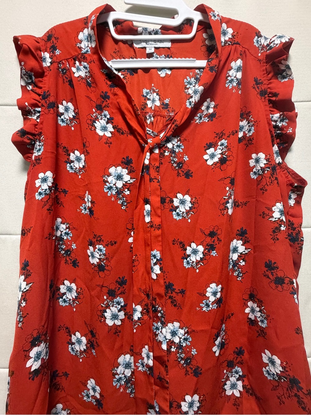 Sweet Rain Orange Floral Ruffle Sleeve Tie Front Blouse 3X Plus Size Boho